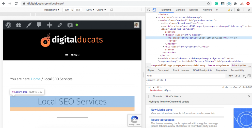 This illustrates the title being wrapped in h1 tags automatically by WordPress