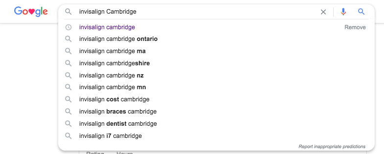 Drop down options for Google search on invisalign Cambridge