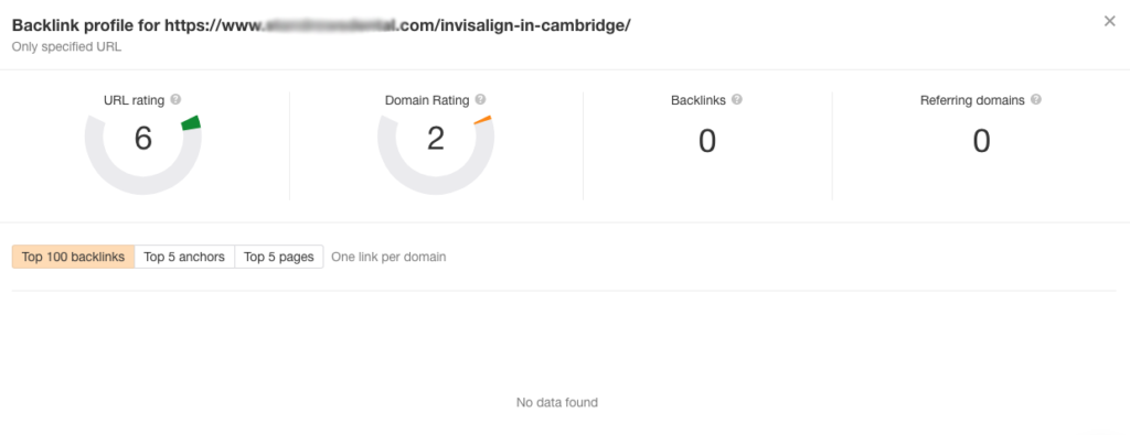 Ahrefs backlink checker result for the number one site for search term Invisalign Cambridge