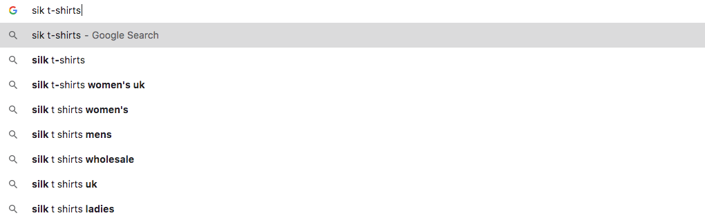 autosuggest for silk tshorts to find keywords