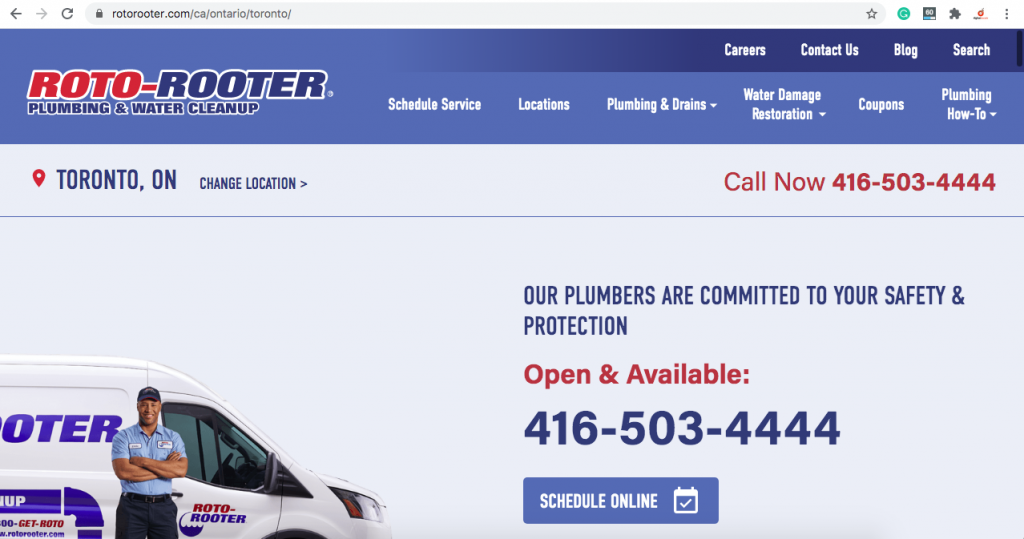 Roto-Rooter Toronto location page as an example of local SEO content