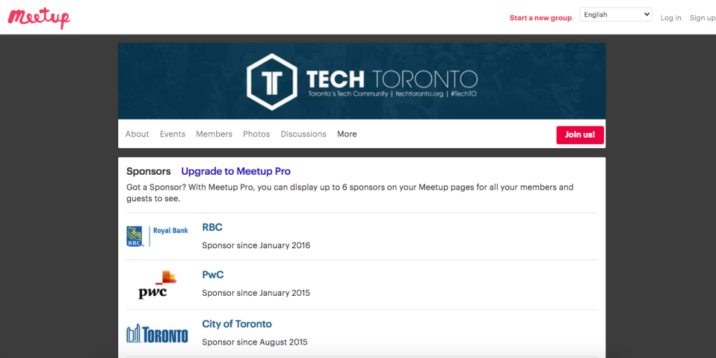 This Toronto Meetup group has sponsors that can use this material for local SEO content