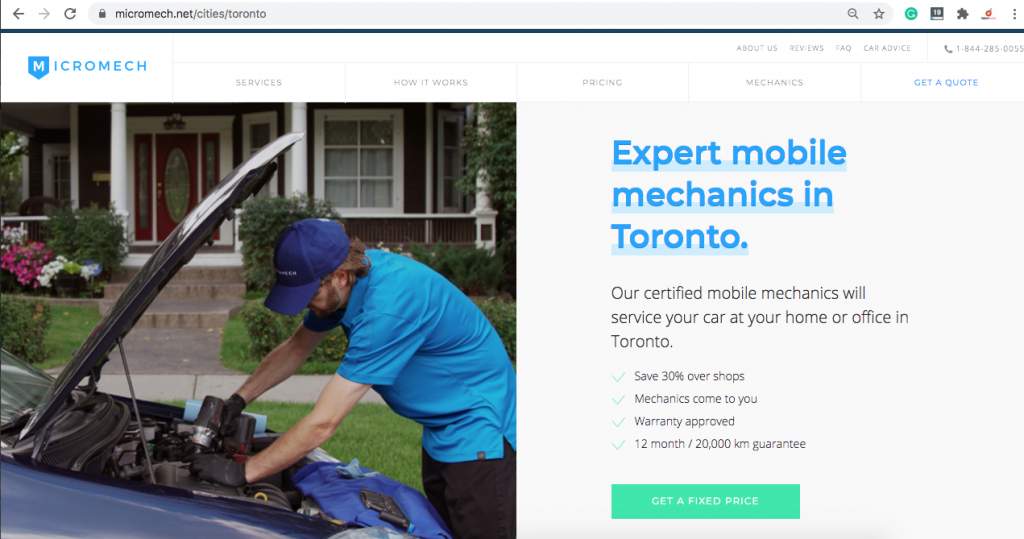 A location page for a mobile mechanic servicing Toronto