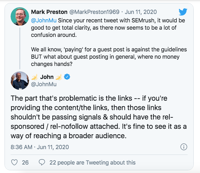 A tweet from john mueller about guest posting as an effective backlinking strategy in 2020