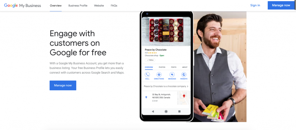 Google My Business homepage to get you started managing a part of your local SEO for small businesses