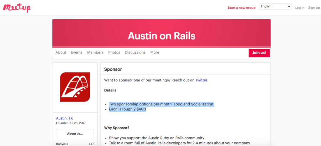 Example of an actual sponsor page on meetup.com for local backlinks and local content