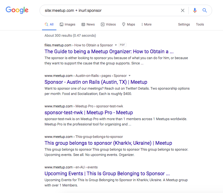 Search result with command operator for sponsor pages on meetup.com