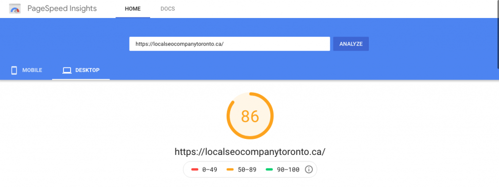 Page speed score displayed on Google pagespeed insights