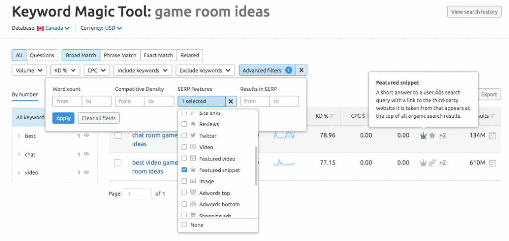 SEMRush keyword tool shows you what SERP features appear for every search term that's generated