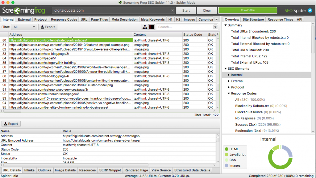 Screenshot of screaming frog running a crawl report in an SEO audit 