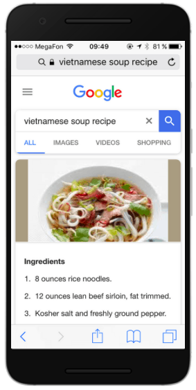 Example of featured snippet on mobile phone