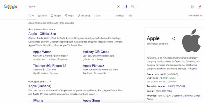 Example of Apple bidding on their own brand name, which is one of many pay per click strategies