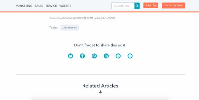 Hubspot uses a call to action asking to share on social media after their articles