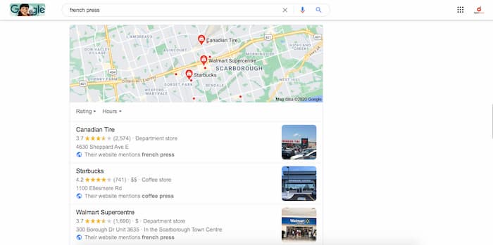 Local pack indicates the keyword "french press" has local search intent