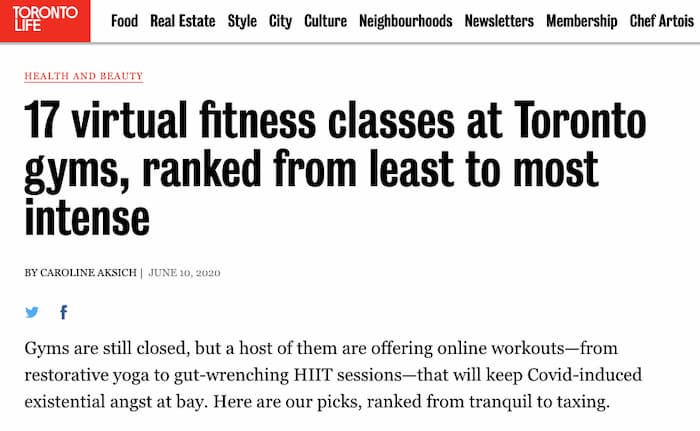 Virtual fitness classes offered in Toronto