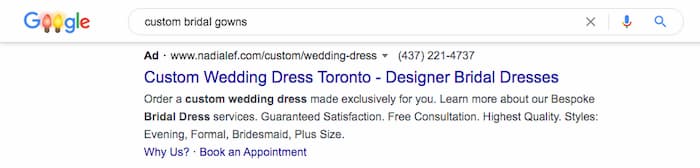 Custom bridal gown search displays an ad for wedding dresses