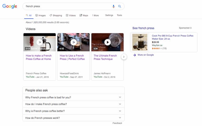 SERP example for the keyword french press stars with video carousel