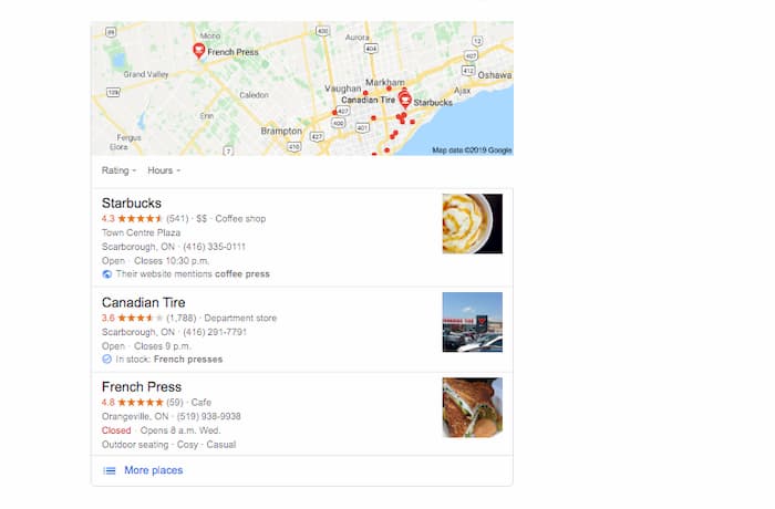This SERP example for the keyword french press continues with a local pack