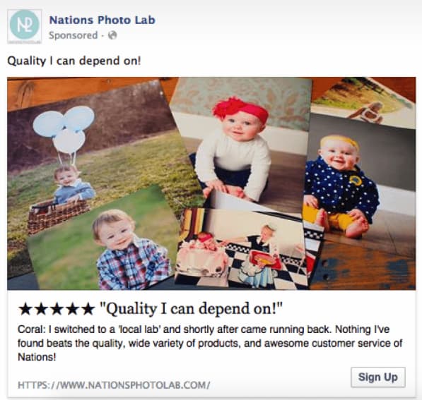 Nations Photo Lab uses a review in their ad as social proof-another effective pay per click marketing strategy