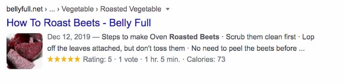 Recipe rich result shows an image of roast beets along with a star rating which is why SEO is not dead