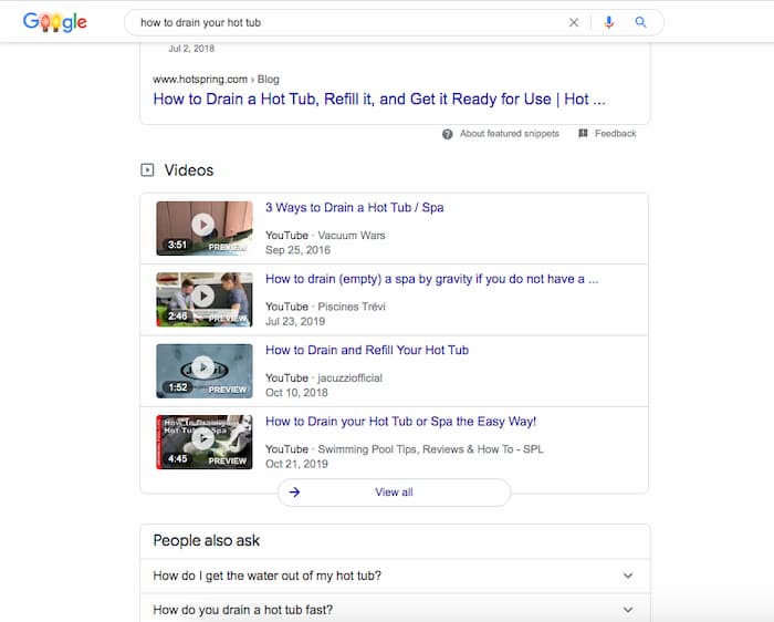 Video feature wedged between the featured snippet and a PAA box