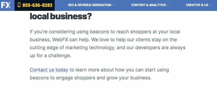 Example of how WebFx tells its readers to place a call to learn more about how they can help to increase conversion rates