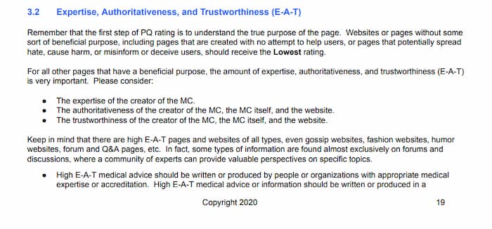 A snippet of the Google E.A.T. Algorithm defined in the Search Quality Evaluator Guidelines