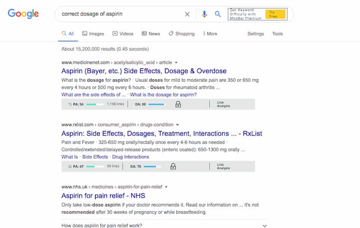 Search result page for correct dosage of aspirin