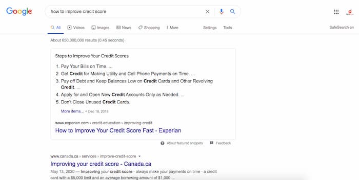 After the Google EAT algorithm the search results page for "how to improve credit score" only displays expert websites 