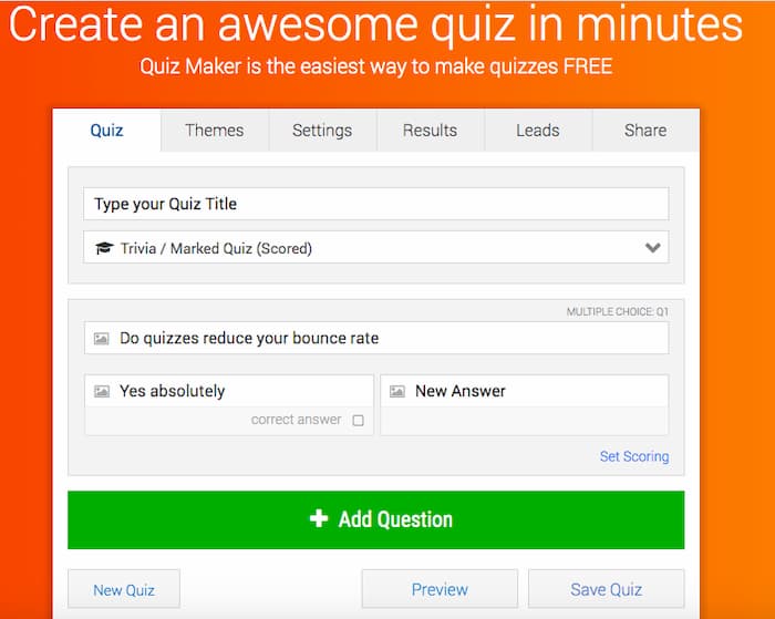 Example of the quiz maker template when creating a quiz for your content