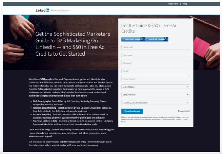 LinkedIn using a targeted opt-in box in one of their marketing funnels