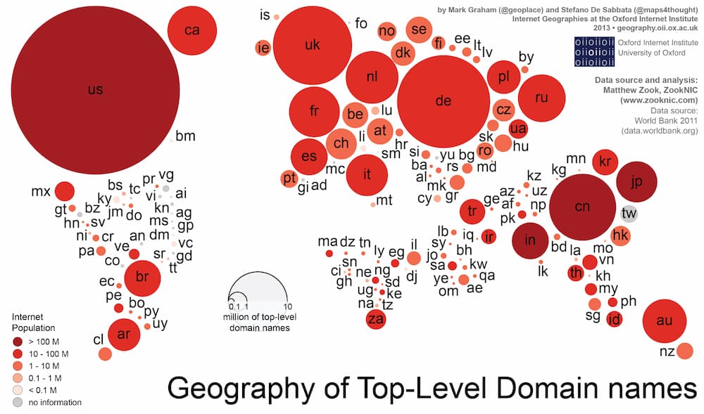 Map of the top level domain names by country code