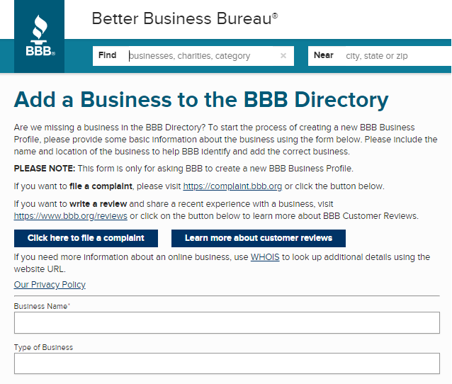 instructions on how to add your business to the BBB website