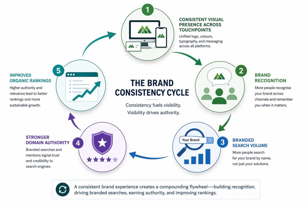 Brand consistency SEO cycle showing recognition branded search and domain authority