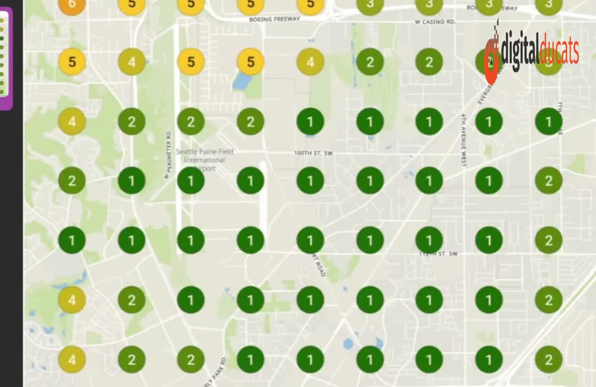 Local ranking grid showing the same company at position 1 to 2 across nearly the entire service area six days later