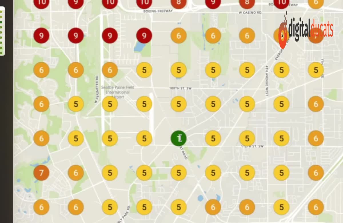 Local ranking grid showing a home service company at position 5 to 10 across most of its service area