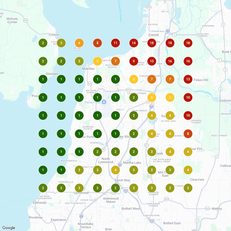 Local Falcon heatmap after: plumber ranking 1st across the western half of the Everett, Washington grid, September 21 2026