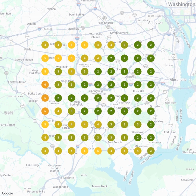 Local Falcon heatmap after: tree service Google Maps rankings for tree pruning around Springfield, Virginia, September 22 2026