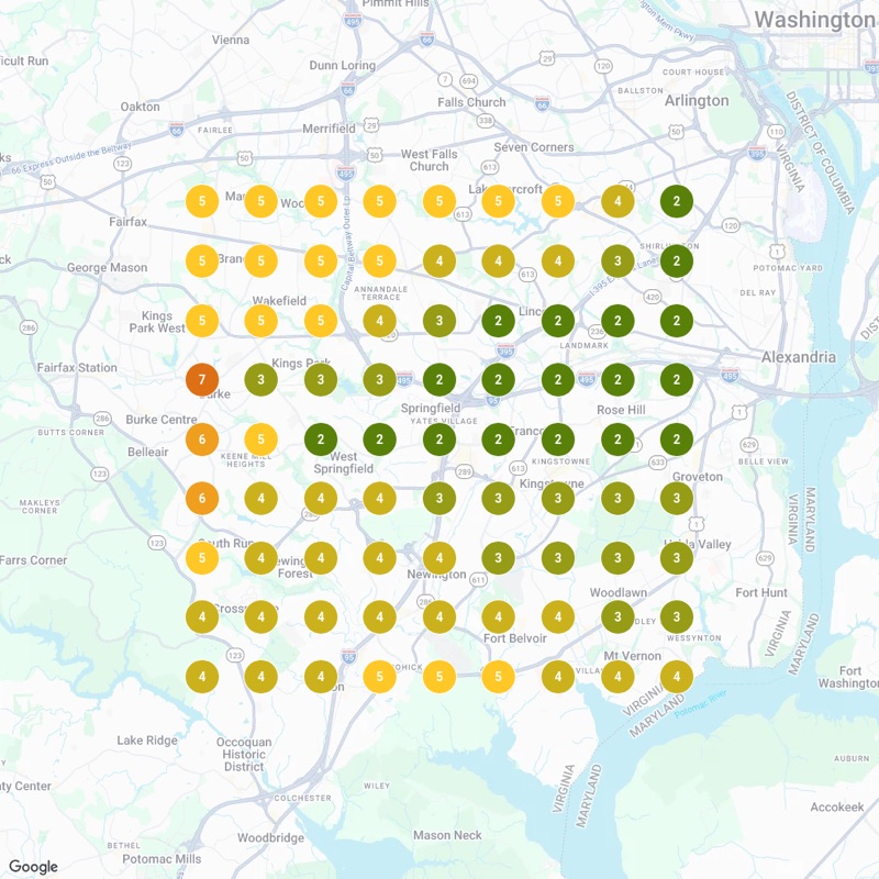 Local Falcon heatmap before: tree service Google Maps rankings for tree pruning around Springfield, Virginia, August 26 2026