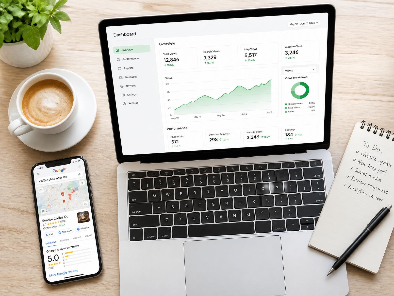 Laptop and phone showing a local SEO reporting dashboard with call and ranking growth
